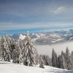 Snow-covered Morzine mountains viewed from above during winter