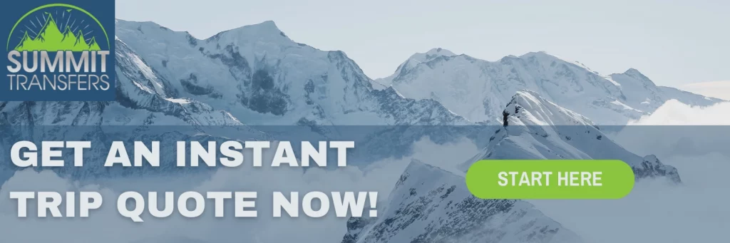 Summit Transfers instant booking and trip quote banner with Alpine mountain background and start here button