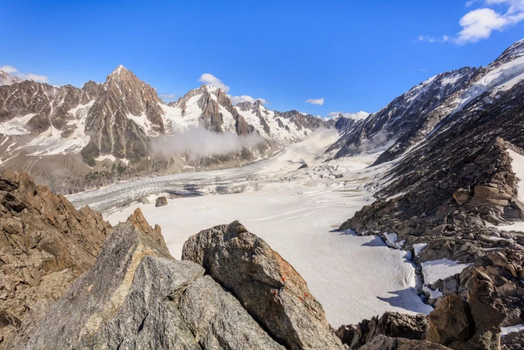 High alpine glacier and mountain landscape in the French Alps